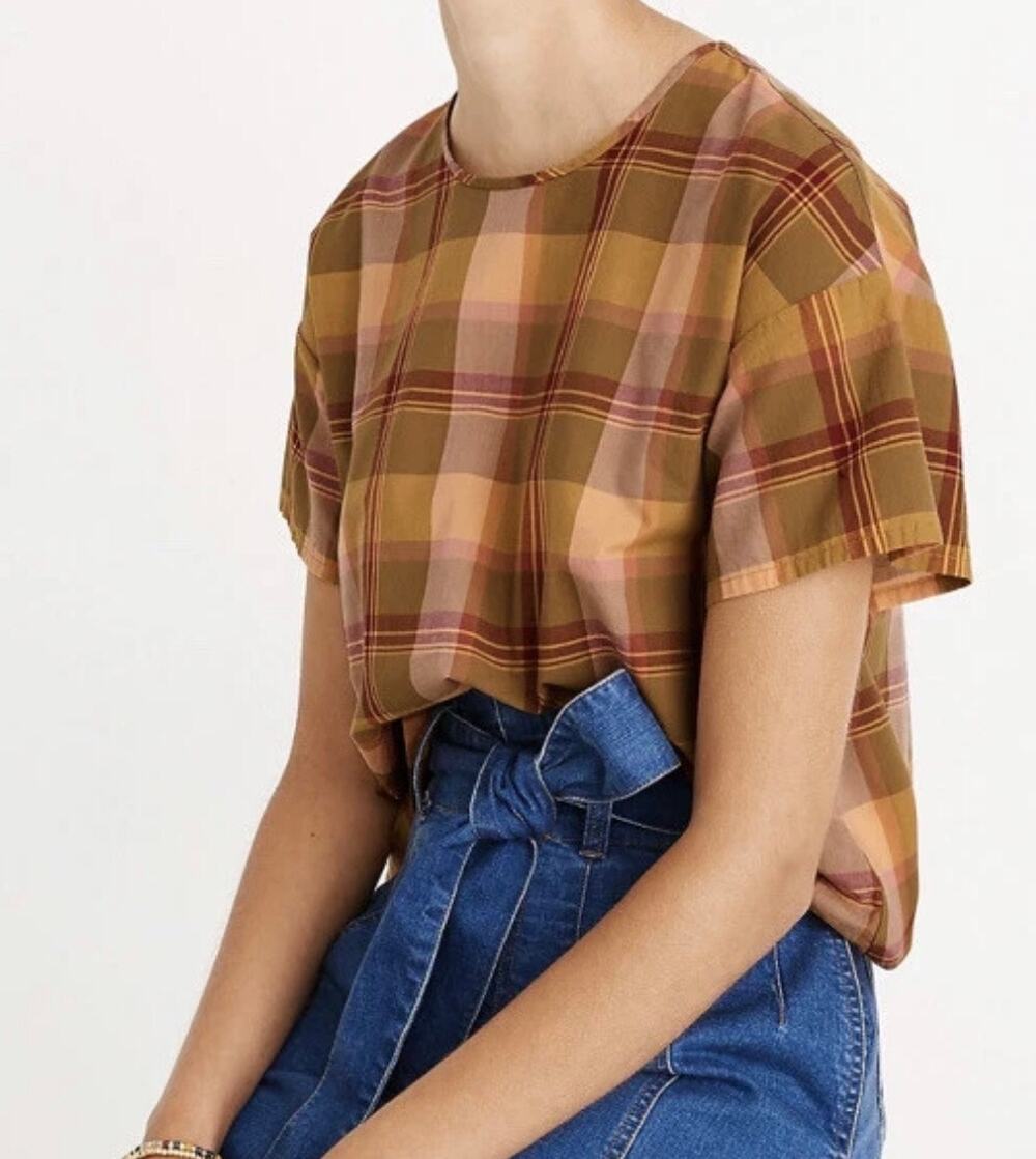 Madewell Warm Plaid Boxy Button-Back Lightweight Top-Size L